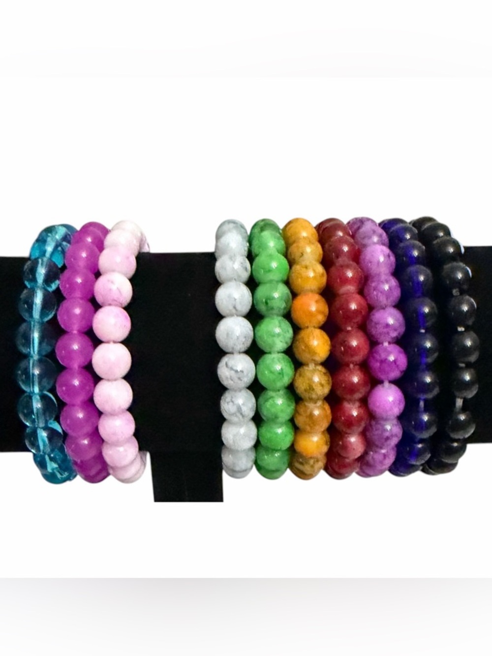 Bracelets x10 OS Bohemian Stretch Glass Beads Handmade Dark Rainbow